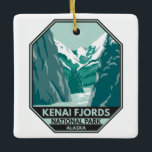Ornamento De Cerâmica Parque Nacional do Kenai Fjords Alaska Vintage<br><div class="desc">Kenai Fjords vetor trabalho de arte design. O parque é um parque nacional americano que mantém o Harding Icefield,  as suas geleiras que transbordam,  e os fiordes e ilhas costeiras.</div>