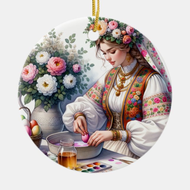 Ornamento De Cerâmica Páscoa Búlgara Flores De Aquarelas Ovos (Frente)