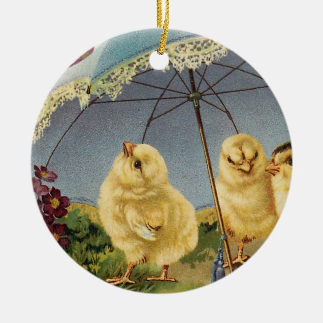 Ornamento De Cerâmica Páscoa de colheita Pintinhos em um parasol (Frente)