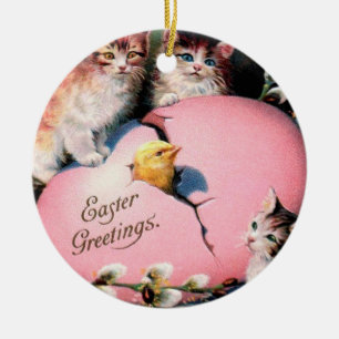 Ornamento De Cerâmica Páscoa Vintage saudações Gatos Pintinho e Ovo d