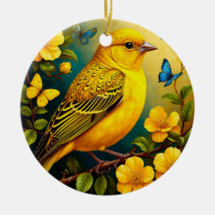 Ornamento De Cerâmica Pássaro Amarelo Empoleirado Entre Brilhantes Flore