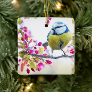Ornamento De Cerâmica Pássaro Azul e Amarelo bonito em uma Fotografia d