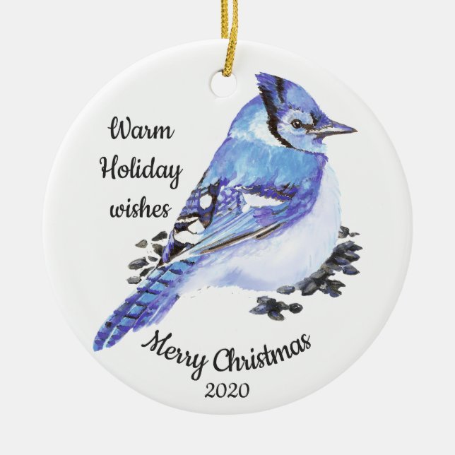 Ornamento De Cerâmica Pássaro Azul Jay Azul, Personalizado no Natal (Frente)