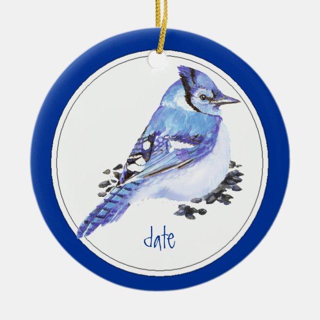 Ornamento De Cerâmica Pássaro Azul-Jay Datado Personalizado (Frente)