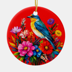 Ornamento De Cerâmica Pássaro Azul Pousado Entre Flores Coloridas de Pri