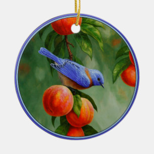 Ornamento De Cerâmica Pássaro Bluebird Ocidental e Pêssegos Ripes