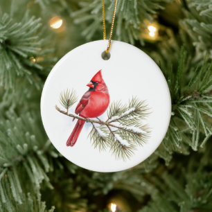 Ornamento De Cerâmica Pássaro Cardinal em Aquarela Amante do Natal