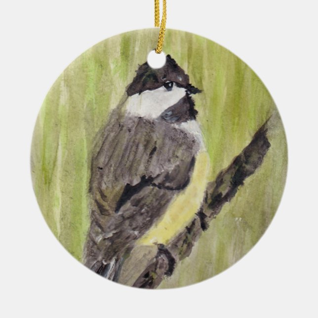 Ornamento De Cerâmica Pássaro Chickadee de casaco preto - pintura acríli (Frente)