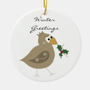 Ornamento De Cerâmica Pássaro de inverno com Sprig de Holly