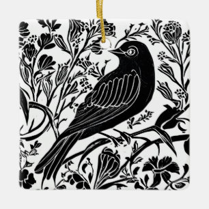 Ornamento De Cerâmica Pássaro em uma ramificação com flores em preto e b