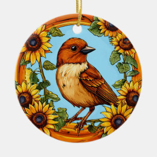 Ornamento De Cerâmica Pássaro Enquadrado por Flores Vibrantes