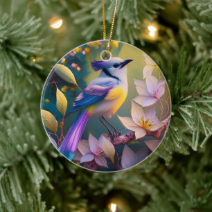 Ornamento De Cerâmica Passaro Fantasia Violeta Tuftada Amarelo Peito