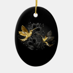 Ornamento De Cerâmica Pássaro Humino Negro e Dourado