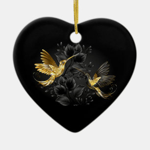 Ornamento De Cerâmica Pássaro Humino Negro e Dourado