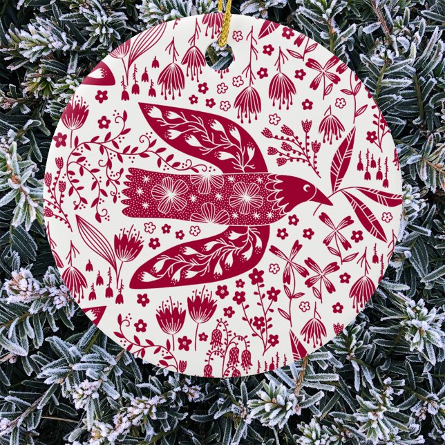 Ornamento De Cerâmica Pássaro Vermelho (Red and white peace dove art Christmas ornament)