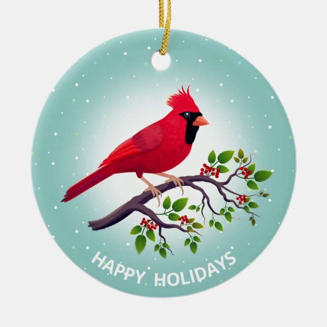 Ornamento De Cerâmica Pássaro Vermelho Natal no Teal (Frente)