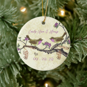 Ornamento De Cerâmica Pássaro Vintage Plum 1º Natal Foto Notas Castanhas