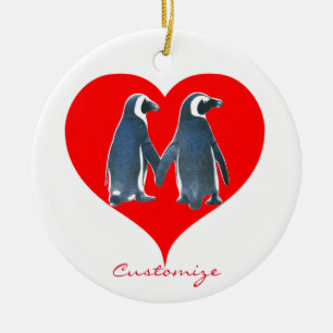 Ornamento De Cerâmica Pássaros do Amor Casal Pinguim Coração Vermelho Th
