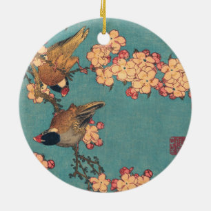 Ornamento De Cerâmica Pássaros e Flores Arte Japonesa Floral Rosa