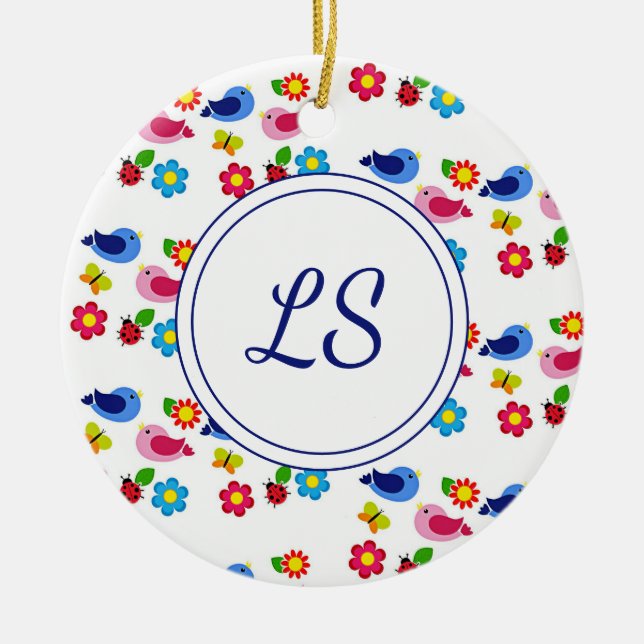 Ornamento De Cerâmica Pássaros e flores, primavera, brancos (Frente)