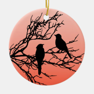 Ornamento De Cerâmica Pássaros em um galho, Preto contra Laranja Sunset