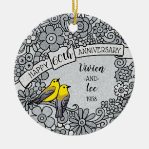 Ornamento De Cerâmica Pássaros florais personalizados do 60th diamante