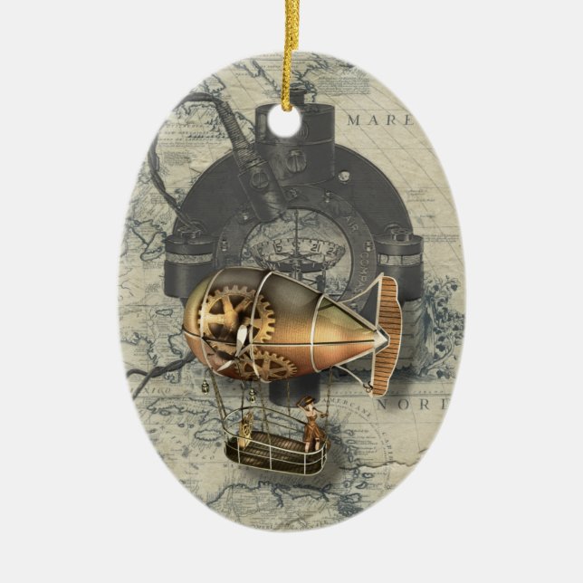 Ornamento De Cerâmica Passeio do balão de Dirigible de Steampunk (Frente)