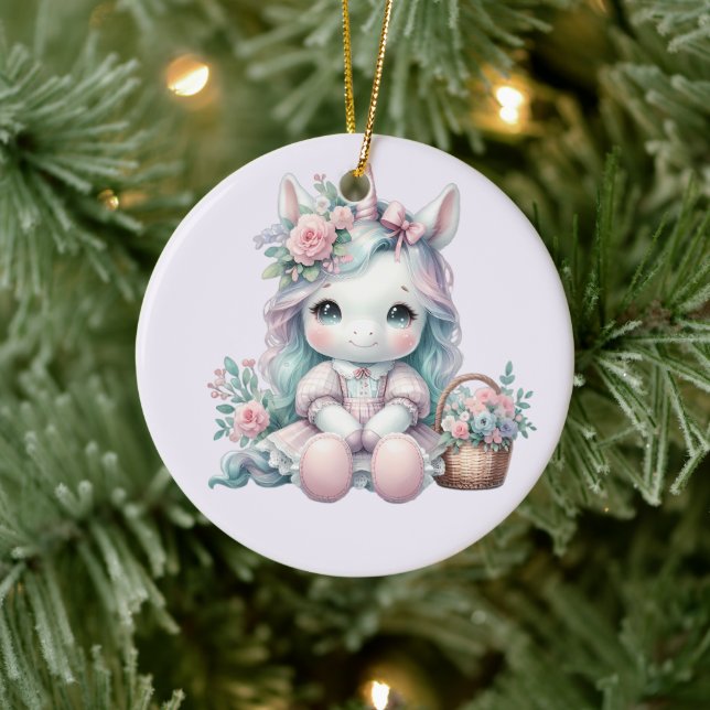 Ornamento De Cerâmica Pastel Kawaii Unicorn Doll with Flower Basket (Árvore)