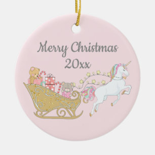 Ornamento De Cerâmica Pastel Natal Unicorn Papais noeis Rosa-Rosa