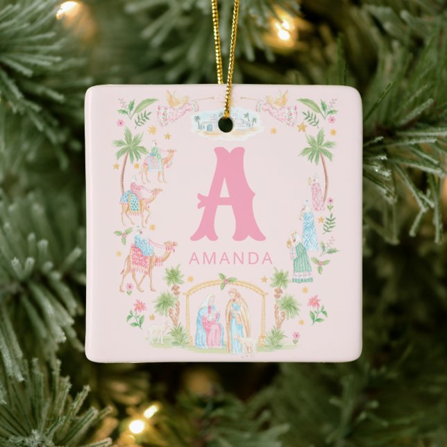 Ornamento De Cerâmica Pastel Nativity Monogram (Árvore)