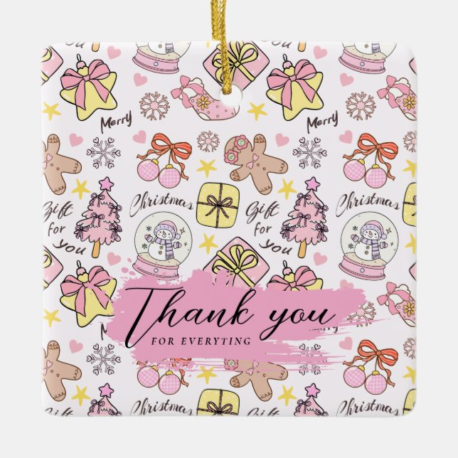 Ornamento De Cerâmica Pastel Pink Christmas Pattern with Custom Text (Frente)