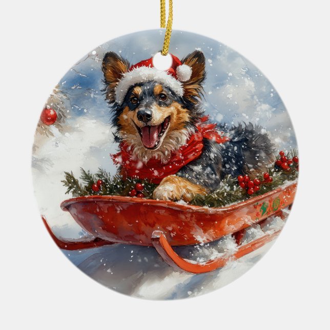 Ornamento De Cerâmica Pastor belga em Sledge Deixem nevar o Natal (Frente)