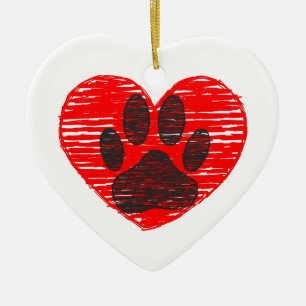 Ornamento De Cerâmica Pata De Cães Desenhada No Coração Vermelho