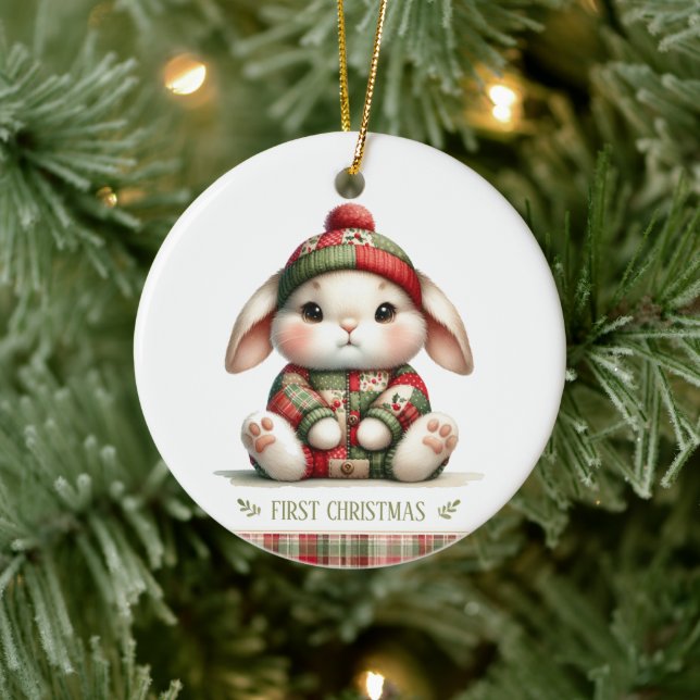 Ornamento De Cerâmica Patchwork Bunny First Christmas Keepsake Photo (Árvore)