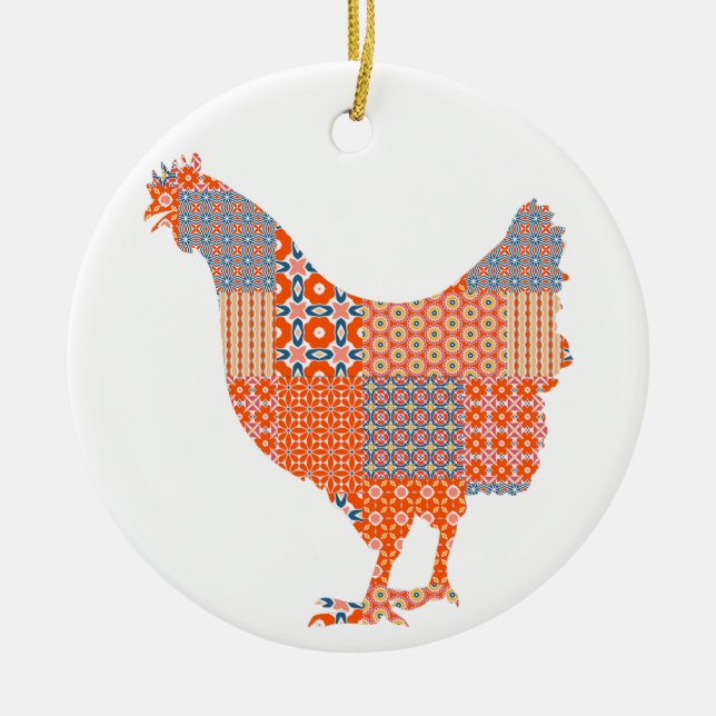 Ornamento De Cerâmica Patchwork Patterno Chicken Fazenda Animal (Frente)