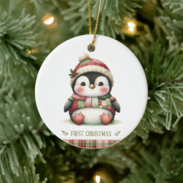 Ornamento De Cerâmica Patchwork Penguin First Christmas Keepsake Photo