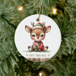 Ornamento De Cerâmica Patchwork Reindeer First Christmas Keepsake Photo