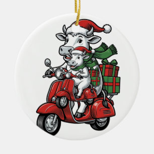 Ornamento De Cerâmica Patinete de Cavalgar Vaca de Natal Engraçado Desig
