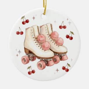 Ornamento De Cerâmica Patins Rosa Vintage e Cerejas