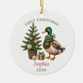 Ornamento De Cerâmica Pato Mallard em Aquarela Bebê 1º Natal