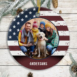 Ornamento De Cerâmica Patriótica Rustic American Flag Custom 2 Photo<br><div class="desc">Enfeites de natal Rustic American Flag. Este enfeites de natal patriótico de bandeira dos eua será um tesouro. O pedido é de dois lados, você pode fazer duas fotos favoritas, uma em cada lado. Perfeito para militares, Enfeites de natal de soldados, veteranos militares, família patriótica. Personalize o nome na frente...</div>