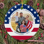 Ornamento De Cerâmica Patriótico Bandeira Americana Personalizada 2 Foto<br><div class="desc">Enfeites de natal da bandeira americana. Este enfeites de natal patriótico de bandeira dos eua será um tesouro. O pedido é de dois lados, você pode fazer duas fotos favoritas, uma em cada lado. Perfeito para militares, família patriótica, e todos aqueles que amam a bandeira americana. Personalize o nome na...</div>