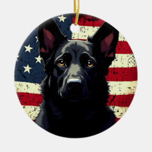 Ornamento De Cerâmica Patriótico German shepherd Negro EUA Bandeira Amer