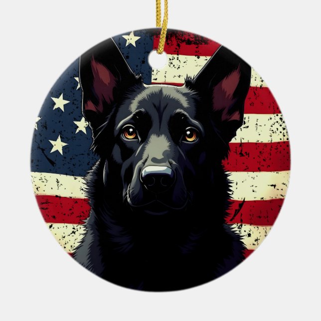 Ornamento De Cerâmica Patriótico German shepherd Negro EUA Bandeira Amer (Frente)