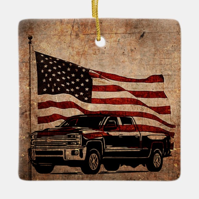 Ornamento De Cerâmica Patriótico Grunge American Flag e Black Truck (Frente)