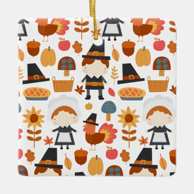 Ornamento De Cerâmica Patterno de colheita de peregrinos de ação de graç (Frente)