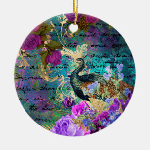 Ornamento De Cerâmica Pavão e Flores Ilustrados Antigos com Efeito Grung