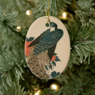 Ornamento De Cerâmica Pavão e Peônias por Hiroshige, Arte Japonês
