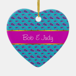 Ornamento De Cerâmica Pavão e teste padrão magenta de Paisley