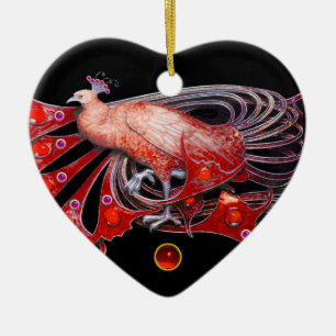 ORNAMENTO DE CERÂMICA PAVÃO ELEGANTE NO CORAÇÃO VERMELHO DO RUBI